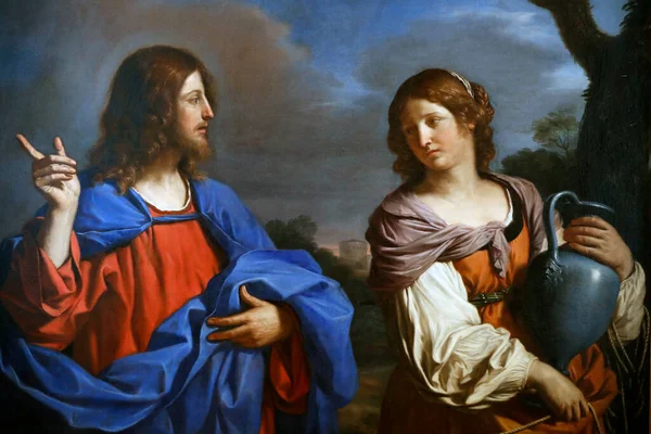 ティッセン ボルネミッサ美術館 井戸でイエスとサマリヤの女 1640年に結成 マドリード スペイン — ストック写真
