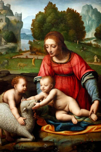 Музей Тіссен Борнеміза Богородиця Дитина Немовлям Святим Іваном Хрестителем 1523 — стокове фото