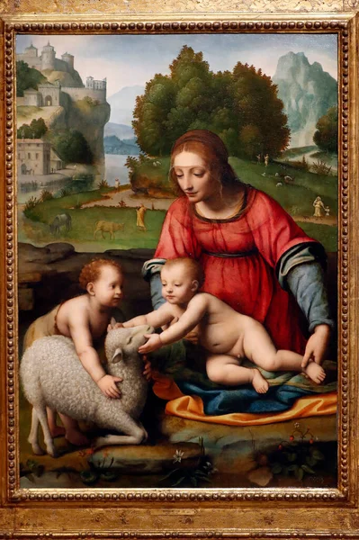 Музей Тіссен Борнеміза Богородиця Дитина Немовлям Святим Іваном Хрестителем 1523 — стокове фото