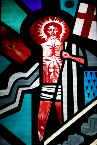 Собор Альмудены Окно Витраже Воскресение Иисус Христос Воскресает Мертвых Мадрид — стоковое фото
