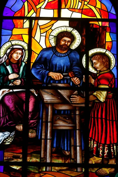Catedral Almudena Vidro Manchado Santa Família José Carpinteiro Com Jesus — Fotografia de Stock