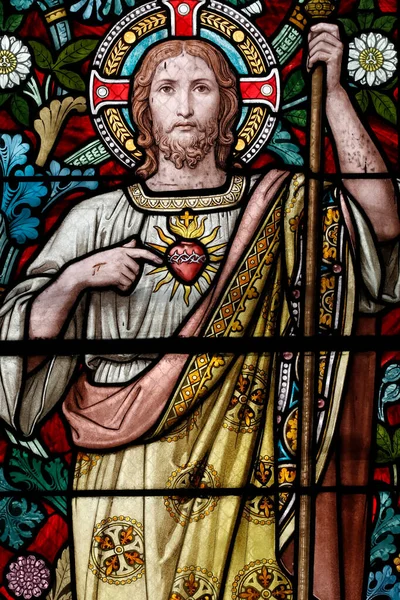 Saint Pothin Church Stained Glass Window Jesus Sacred Heart France — Stock Photo, Image