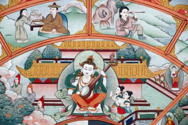 Pema Osel Ling Manastırı. Yaşam çarkı ya da Bhavacakra, Sara 'nın sembolik bir temsilidir. Duvar resmi. Dakshinkali. Nepal. 