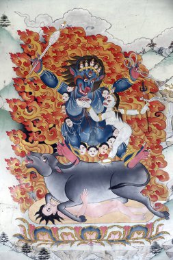 Pema Osel Ling Manastırı. Duvar resmi. Yama, ölüm tanrısı. Dakshinkali. Nepal. 