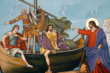 Aziz Maurice Kilisesi. İsa havarilerine Tiberias Denizi 'nin kıyısında göründü. Veyrier du Lac. Fransa. 