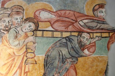 Santa Maria Asssunta Kilisesi. Fresk 13. yüzyıl. Bakire Yatakhanesi. Muggia. İtalya. 