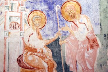 Aquileia 'nın ataerkil Bazilikası. Fresklerin 12. yüzyıldaki mahzeni. Aziz Peter ve Aziz Mark. İtalya. 