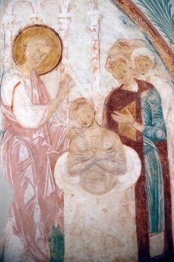 Aquileia 'nın ataerkil Bazilikası. Fresklerin 12. yüzyıldaki mahzeni. İtalya. 