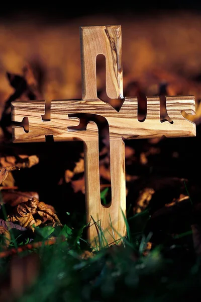Христианский Крест Сухих Осенних Листьях Вера Духовность — стоковое фото