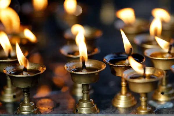 Lampes Huile Beurre Brûlant Dans Temple Hindou Katmandou Népal — Photo
