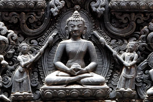Буддийская Святыня Улице Деревянная Скульптура Будды Катманду Непал — стоковое фото