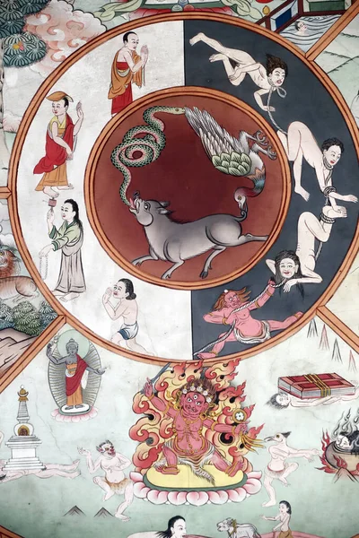 Pema Osel Ling修道院 生命之轮或Bhavacakra是Samsara的象征性代表 公鸡和蛇代表了无知 依恋和厌恶这三种毒药 墙上的画 达克辛卡莉尼泊尔 — 图库照片