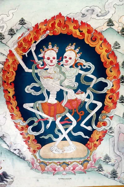 Pema Osel Ling修道院 Citipati 公墓的保护者 藏传佛教者 两个壁球 墙上的画 达克辛卡莉尼泊尔 — 图库照片