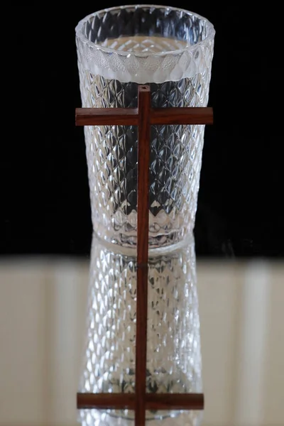 Glass Water Christian Cross Lent Solemn Religious Observance Begins Ash — Stock Photo, Image