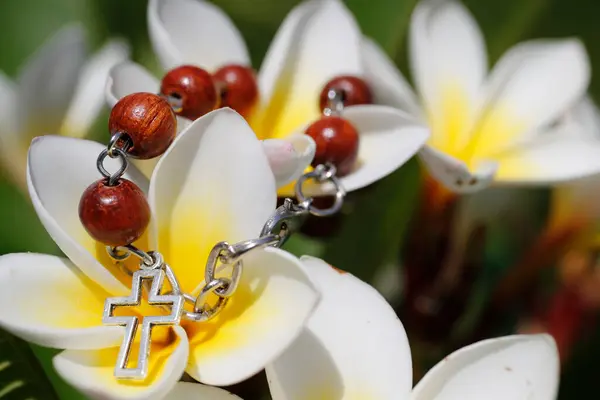 Detailní Záběr Křesťanského Kříže Čerstvě Zelené Magnóliové Listině Víra Spiritualita — Stock fotografie
