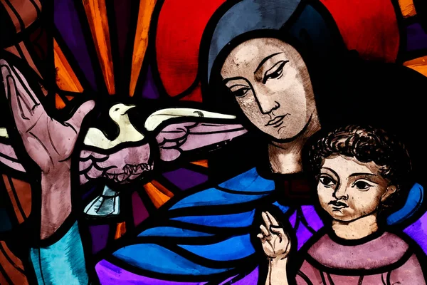 Szent József Templom Szentlélek Szűz Mária Gyermek Foltos Üvegablak Annecy — Stock Fotó