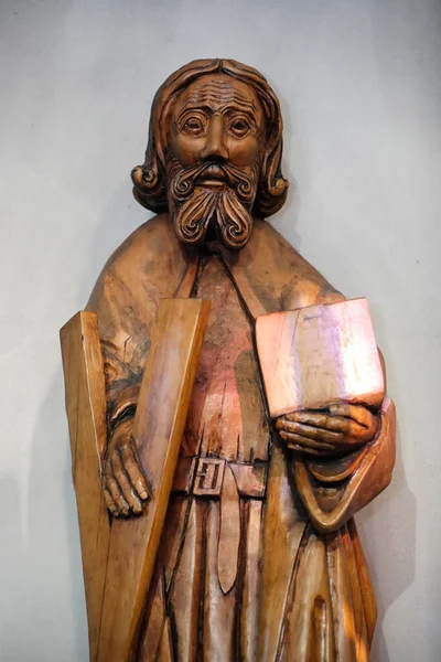 stock image Saint Andrew church. Saint Andrew statue.  Annemasse. France. 