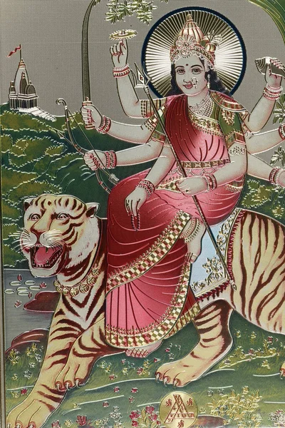 Φωτογραφία Της Ινδουίστριας Θεάς Ντούργκα Τίγρη — Φωτογραφία Αρχείου