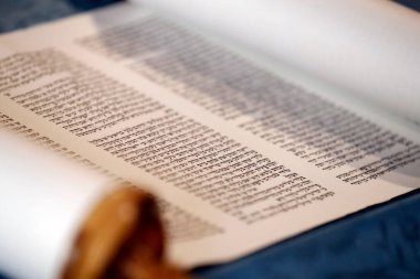 Tevrat ayininde kullanılan Tevrat parşömeni Yahudi duaları sırasında okunur. İtalya. 