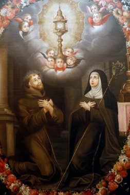 Evora Müzesi. Assisi 'li Aziz Francis ve Assisi' li Clare Ayin 'e saygılarını sunarlar. 18. yüzyıl. Tuval üzerine yağ. Portekiz. 