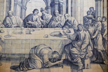 Merhamet Kilisesi. Azulejos. İsa, Luke 7: 36-50 'de günahkar bir kadın tarafından kutsanmıştır. Evora. Portekiz. 