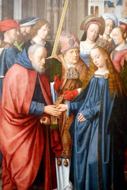 Evora Müzesi. Evora sunağının efendisi. Bakire ile Yusuf 'un düğünü. Panellerde yağ var. Flaman okulu 1500. Portekiz. 