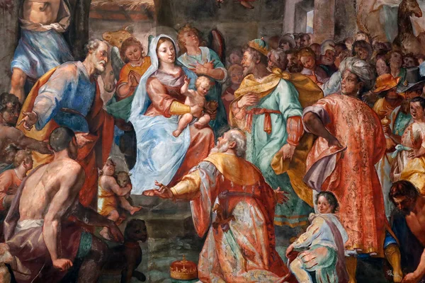 Syntymäaika Kohtaus Fresco San Donaton Kirkko Genoassa Italia — kuvapankkivalokuva