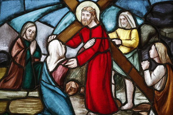 Levanto Kirke Kristi Lidenskap Kryssing Jesus Møter Sin Mor Flekkeglassvindu – stockfoto