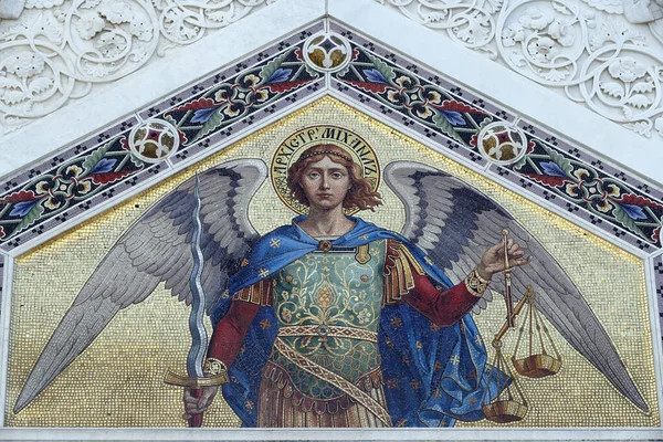 Mosaico San Miguel Fachada Iglesia Ortodoxa San Spyridon Trieste Italia — Foto de Stock