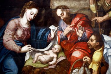 Evora Müzesi. İsa 'nın. Çobanların hayranlığı gibi. Panelde yağ var. Portekiz okulunda. 16. yüzyıl. Portekiz. 