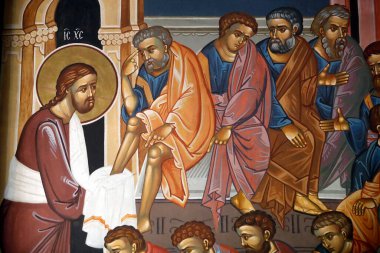 Sts. Cyril ve Methodius Ortodoks Kilisesi. Duvar resmi. İsa Havarilerin Ayaklarını Yıkıyor. Ljubljana. Slovenya. 