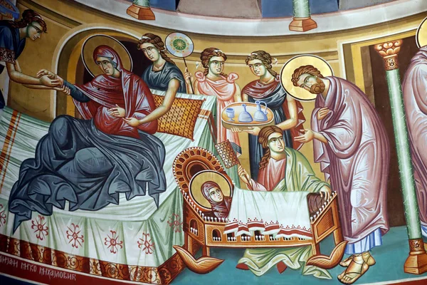 Sts Biserica Ortodoxă Chiril Metodiu Pictura Perete Naşterea Fecioarei Maria — Fotografie, imagine de stoc
