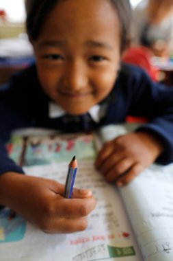 Nepal 'deki ilkokul. Kurşun kalemli çocuk. Eğitim ve okul hayatı kavramı. Nepal. 