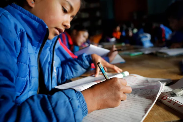 Escola Primária Rapaz Com Livro Apontamentos Charikot Nepal — Fotografia de Stock