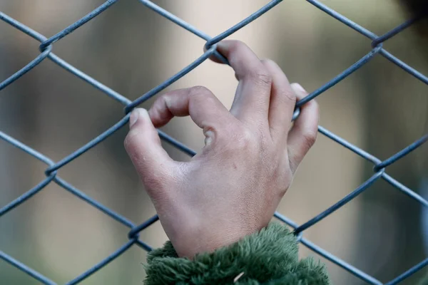 Boy Hand Clinging Fence Human Rights Day Concept Nepal — Stock Photo, Image