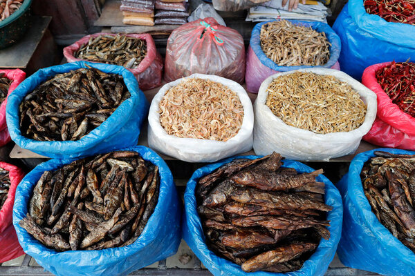Dry fish for sale at market.  Nepal. 
