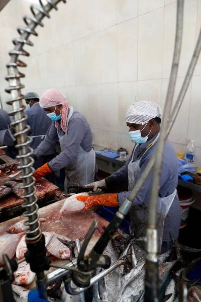 Balık Pazarı Şçiler Balık Temizliyor Birleşik Arap Emirlikleri — Stok fotoğraf
