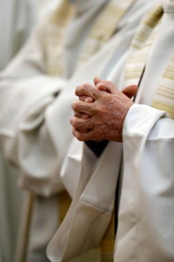 Katolik kilisesinde ayin yapan bir rahip. Aziz Julien en Genevois Kilisesi. Fransa.