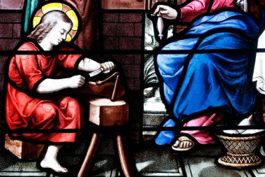 Sainte Jeanne d 'Arc Kilisesi. Lekeli cam pencere. Marangoz İsa. Fransa.