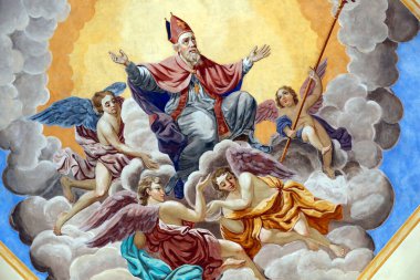 Saint Nicolas de Veroce Barok Kilisesi. Myra Piskoposu Aziz Nicholas 'ın hayatı. Duvar Fresco resmi. Fransa.