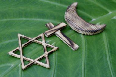 Hristiyanlık, İslam, Musevilik 3 tek tanrılı din. Yeşil yapraklı Yahudi Yıldızı, Yıldız ve Hilal ve Katolik Haçı. Dinlerarası, dinler arası ve ekoloji sembolleri.