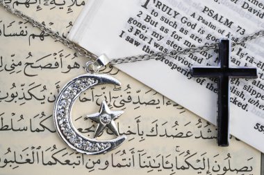 Dini semboller: Müslüman Hilal ve Kuran 'lı Yıldız ve İncil' li Hristiyan Haçı. Dinler arası veya dinler arası diyalog kavramı. 
