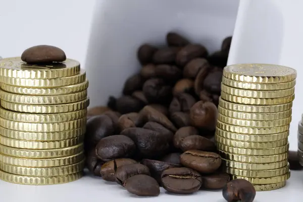 Coffee beans and money. Fair Trade. Sale of coffee. Commodity trade. Fresh coffee beans.