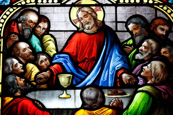 Sainte Jeanne Arc Church Stained Glass Window Jesus Last Supper — Stock Photo, Image