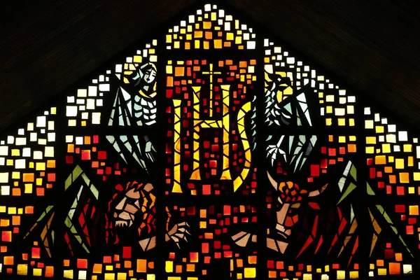 Церковь Святого Бернара Ментона Окно Витраже Ihs Jhs Христограмма Западного — стоковое фото