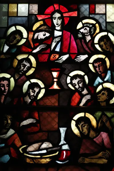 Sankt Bernard Menthon Kyrkan Fönster Målat Glas Sista Måltiden Schweiz — Stockfoto