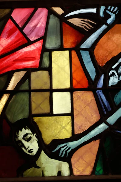 Saint Bernard Menthon Church Stained Glass Window Abraham Sacrifice Switzerland — Stock Photo, Image