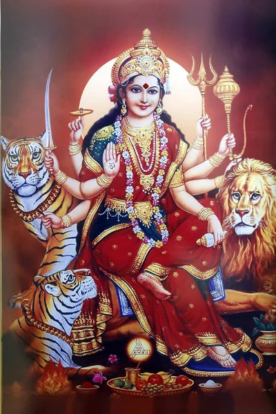 Shiva Hinduistický Chrám Obrázek Hinduistické Bohyně Durgy Lvem Tygry Dubaj — Stock fotografie