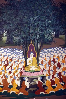 Buda 'nın Hayatı, Siddhartha Gautama. Öğrencileri olan Buda, öğretmenlik yapıyor. Wat Botum Tapınağı. Duvar freski. Phnom Penh. Kamboçya. 