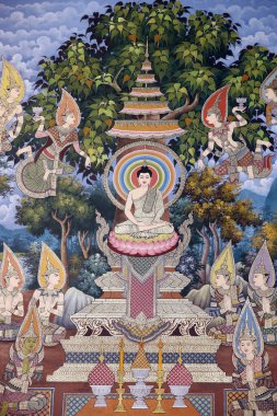 Buda 'nın Hayatı, Siddhartha Gautama. Wat Maniratanaram Manastırı. Duvar freski. Phnom Penh. Kamboçya. 